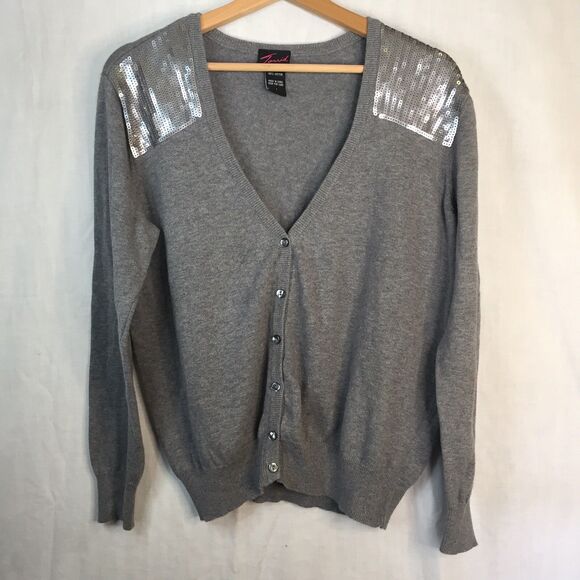 Grey with Sequins V Neck Cardigan Sweater Torrid Size 1 Cotton - Picture 1 of 12